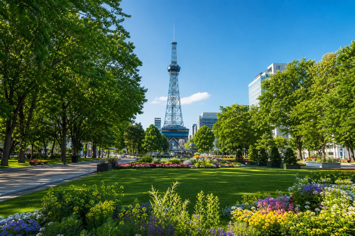 緑と花にあふれた夏の大通公園とテレビ塔
